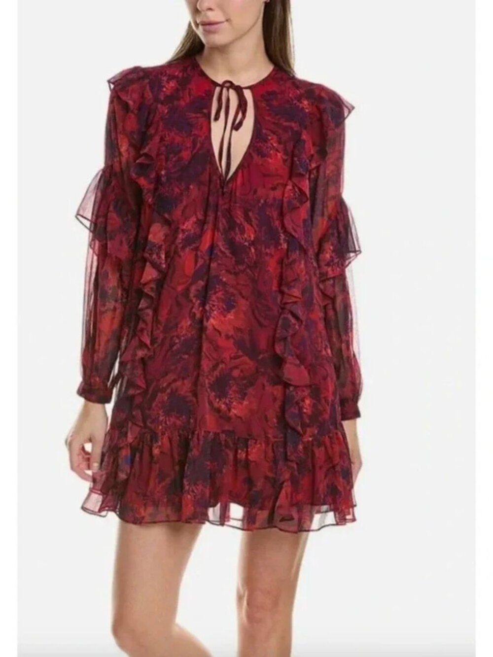 NWT - Cinq a Sept Livie Tiered Dark Red Multi Tiered Ruffle Mini Dress, Size 6
